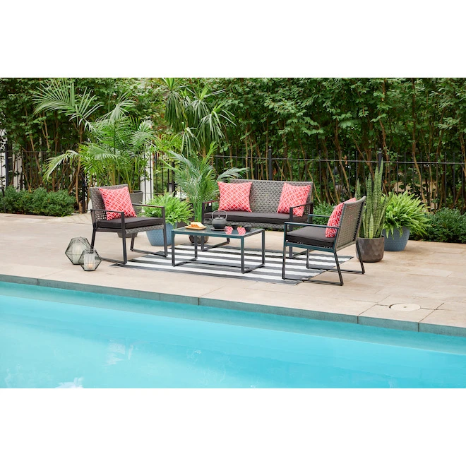 Allen + Roth Ainsley 4-Piece Steel Frame Patio Conversation Set with Niuchen Fabric Cushions - Red and Black 6 Allen + Roth Ainsley 4-Piece Steel Frame Patio Conversation Set with Niuchen Fabric Cushions - Red and Black - Image 4